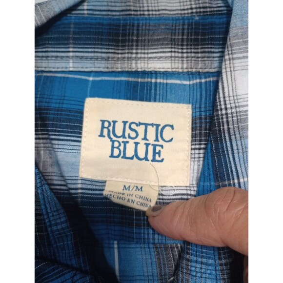 Rustic Blue Brand Men’s Long Sleeve Button Up Shirt size M blue  Plaid - Picture 7 of 12